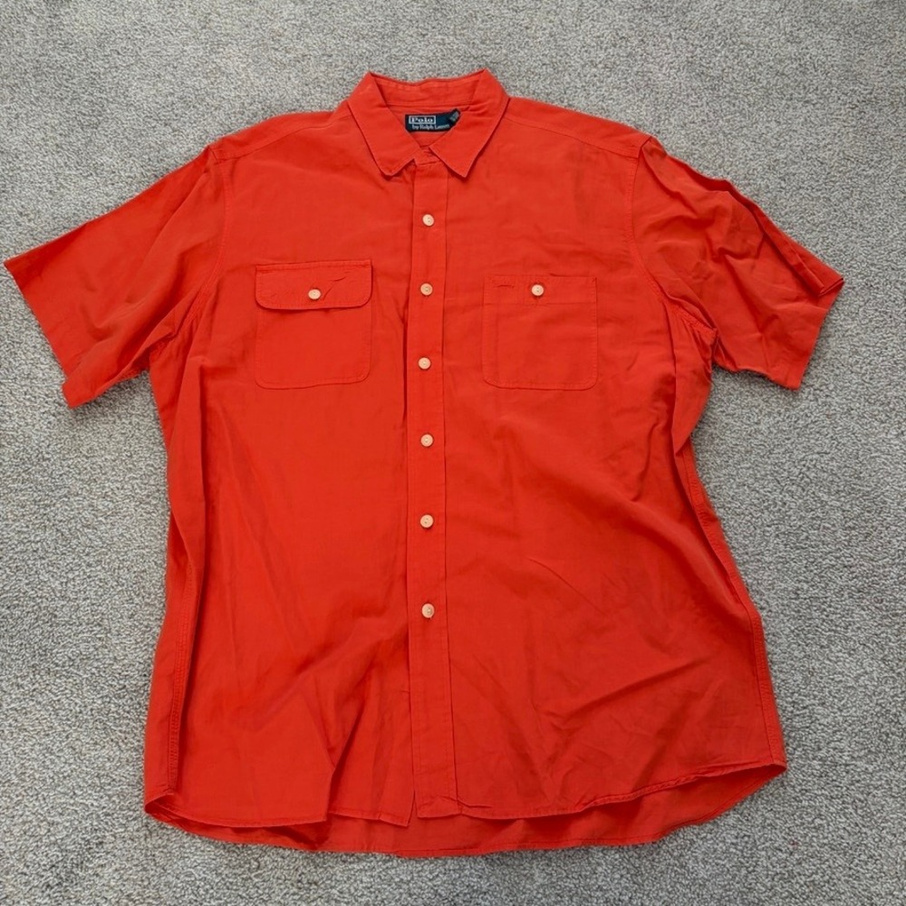 Vintage Polo Ralph Lauren Camp Shirt Mens XL Orange Linen Cotton Short Sleeve